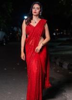 Nylon Net Red Festival Wear Embroidery Work Saree